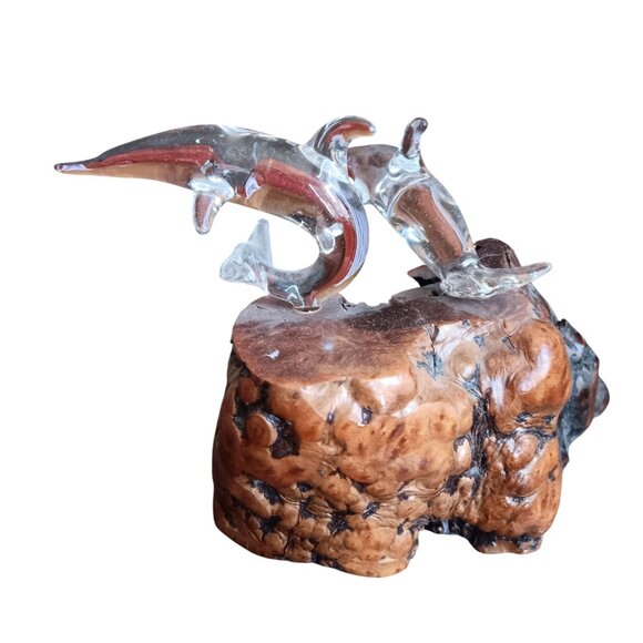 Vintage Handcrafted Wooden Burl & Glass Dolphin Sculpture 5" Desk Decor Hawaii - Picture 4 of 7
